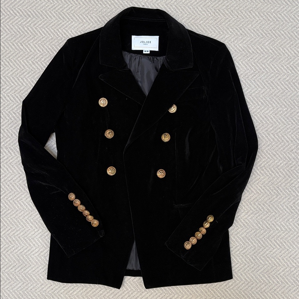 JOLIEE PARIS Double Breasted Black Velvet Blazer with Gold Buttons